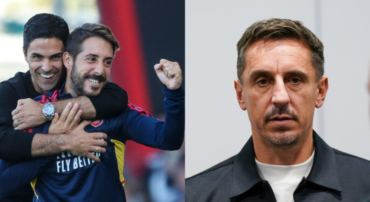 A split image featuring Mikel Arteta, Nicolas Jover and Gary Neville.