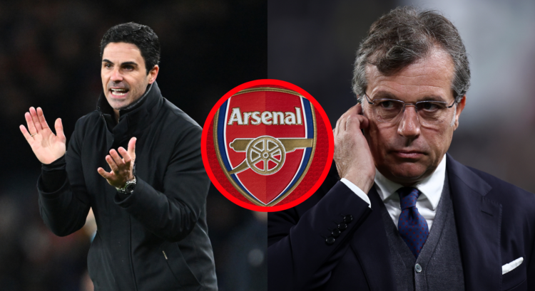 An image featuring Mikel Arteta, Arsenal badge and Cristiano Giuntoli.