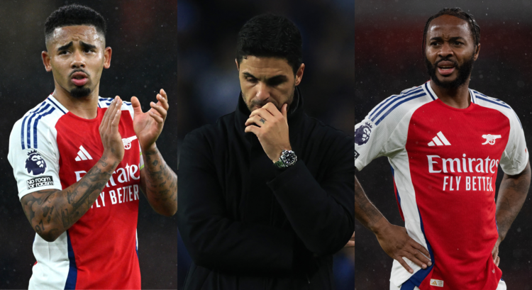 An image featuring Gabriel Jesus, Mikel Arteta and Raheem Sterling.