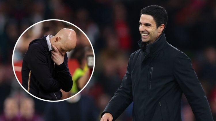 Mikel Arteta laughing/happy with an inset of Erik Ten Hag with his head in his hands