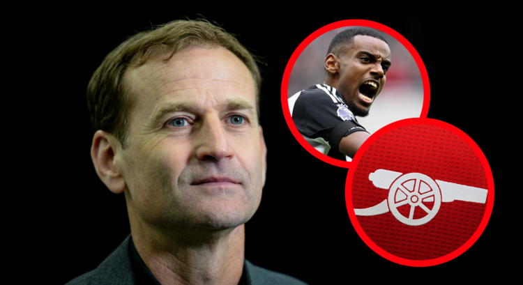 An image featuring Dan Ashworth, Alexander Isak and the Arsenal badge.