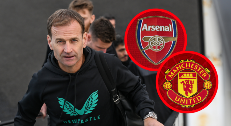 An image featuring Dan Ashworth, the Arsenal badge and Man United crest.