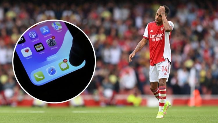 Pierre-Emerick Aubameyang of Arsenal looks dejected. Inset, a thumb hovers over the message widget.