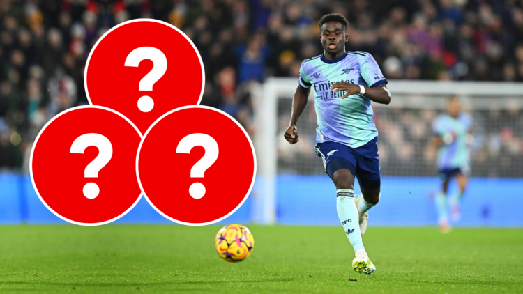 Bukayo Saka with insets of three question marks