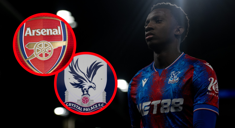 An image featuring Eddie Nketiah, the Arsenal and Crystal Palace badges.