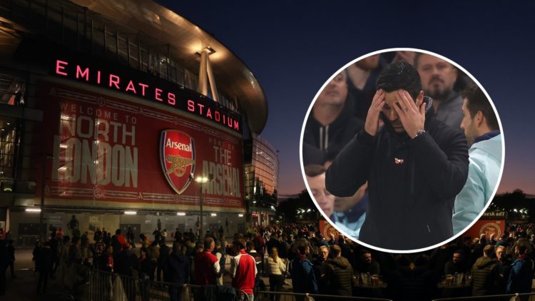 Exterior view of Emirates Stadium. Inset, Mikel Arteta with head in hands.