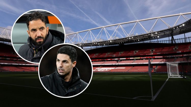 Interior Emirates Stadium. Inset, Ruben Amorim and Mikel Arteta.