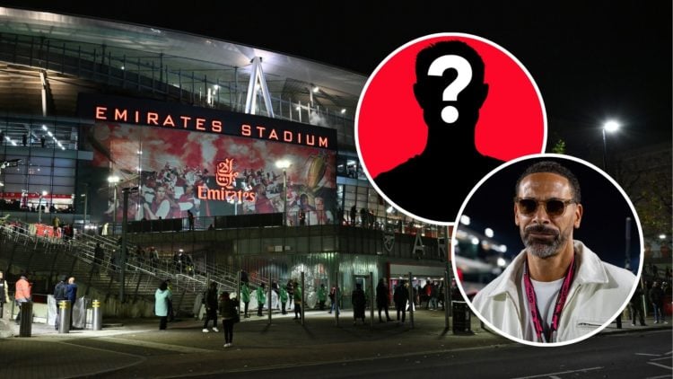 Emirates Stadium exterior with two insets, one of Rio Ferdinand and one of a question mark
