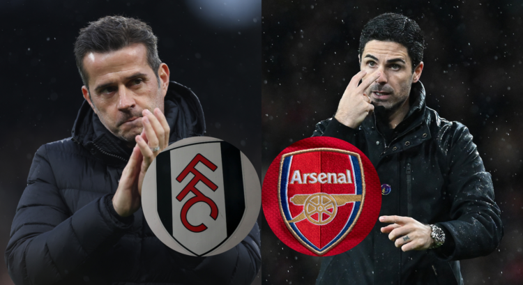 An image featuring Marco Silva, Fulham badge, Arsenal badge and Mikel Arteta.