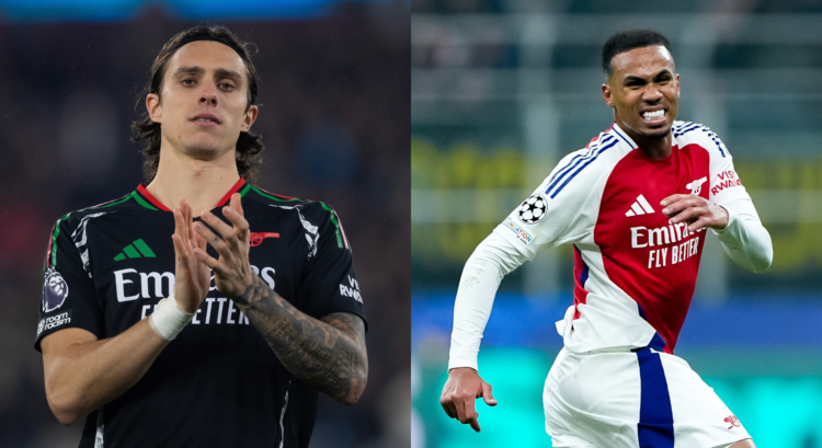 An image featuring Riccardo Calafiori and Gabriel Magalhaes of Arsenal.