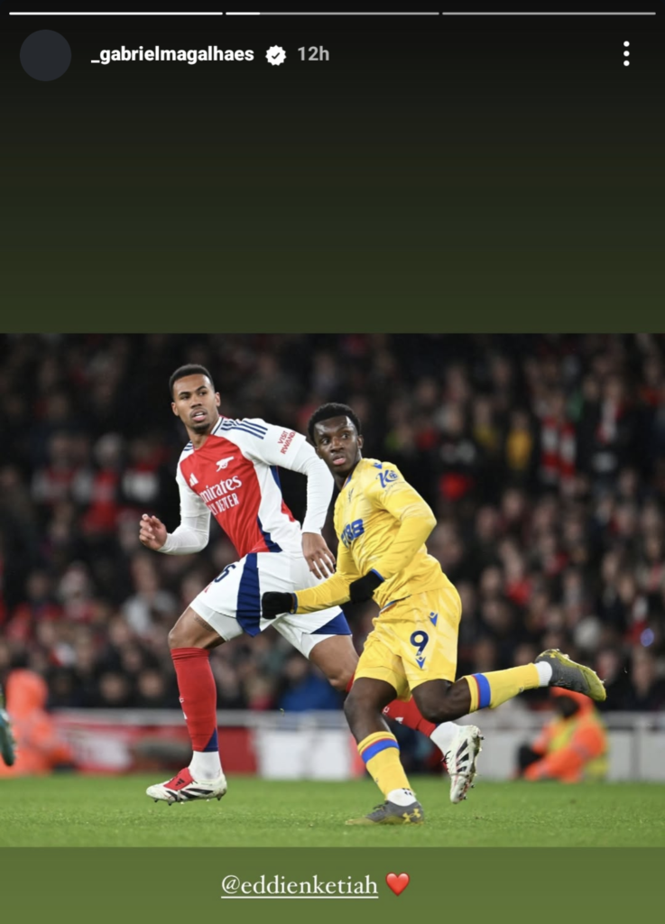 Gabriel Magalhaes posts a picture of himself and Eddie Nketiah during Arsenal vs Crystal Palace.