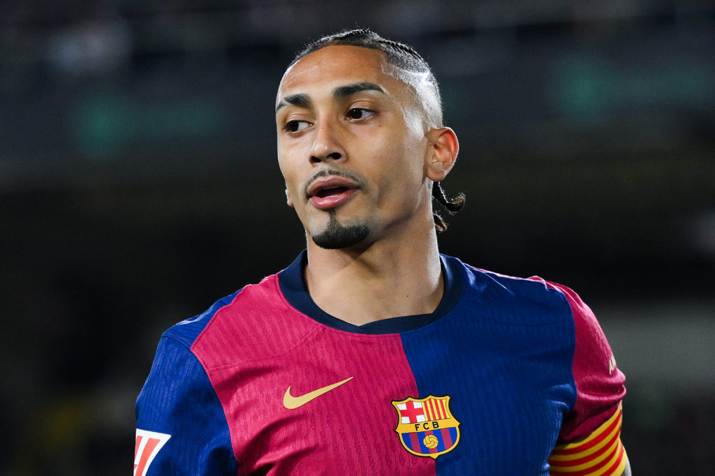 Raphinha looking on during a Barcelona game