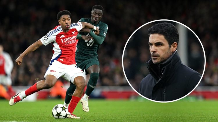 Myles Lewis-Skelly of Arsenal is challenged by Lamine Camara of AS Monaco during the UEFA Champions League 2024/25 League Phase MD6 match. Inset, M...