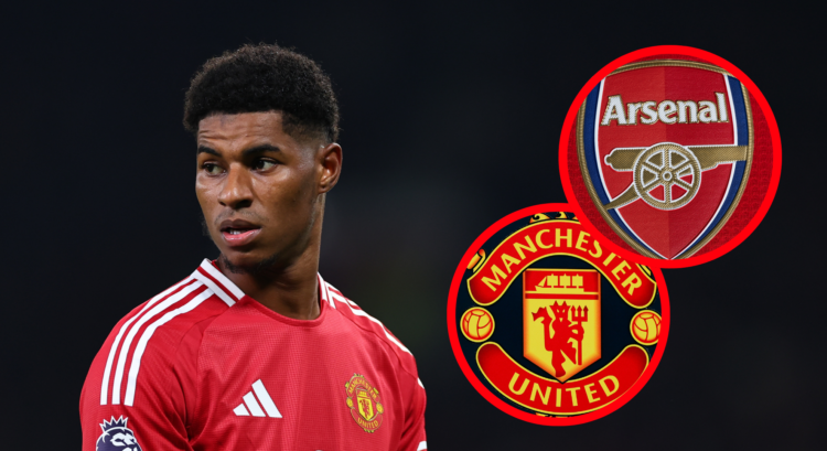 An image featuring Marcus Rashford, the Arsenal badge and Manchester United crest.