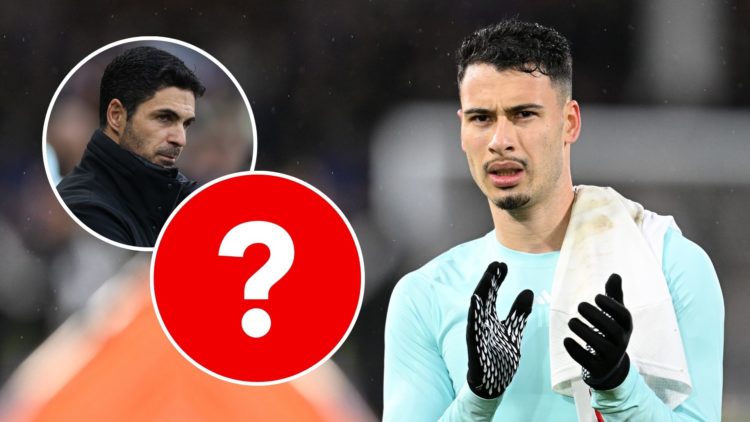 Gabriel Martinelli. Inset, Mikel Arteta and a question mark.