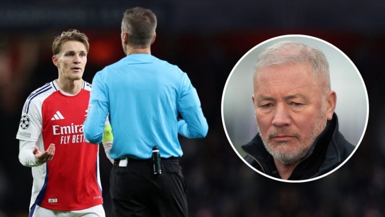 Ally McCoist looking serious over an image of Odegaard looking concerned/exasperated at a referee.