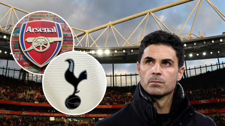 Mikel Arteta, Arsenal badge and a Tottenham badge with arsenal stadium in the background