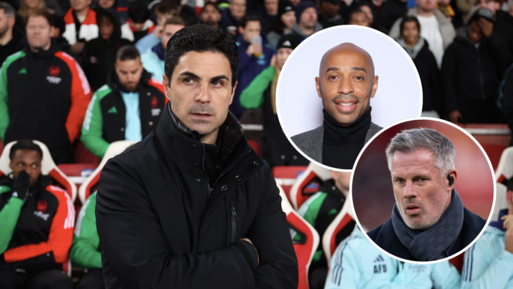 Mikel Arteta looking annoyed with 2 insets, one of Thierry Henry and one of Jamie Carragher