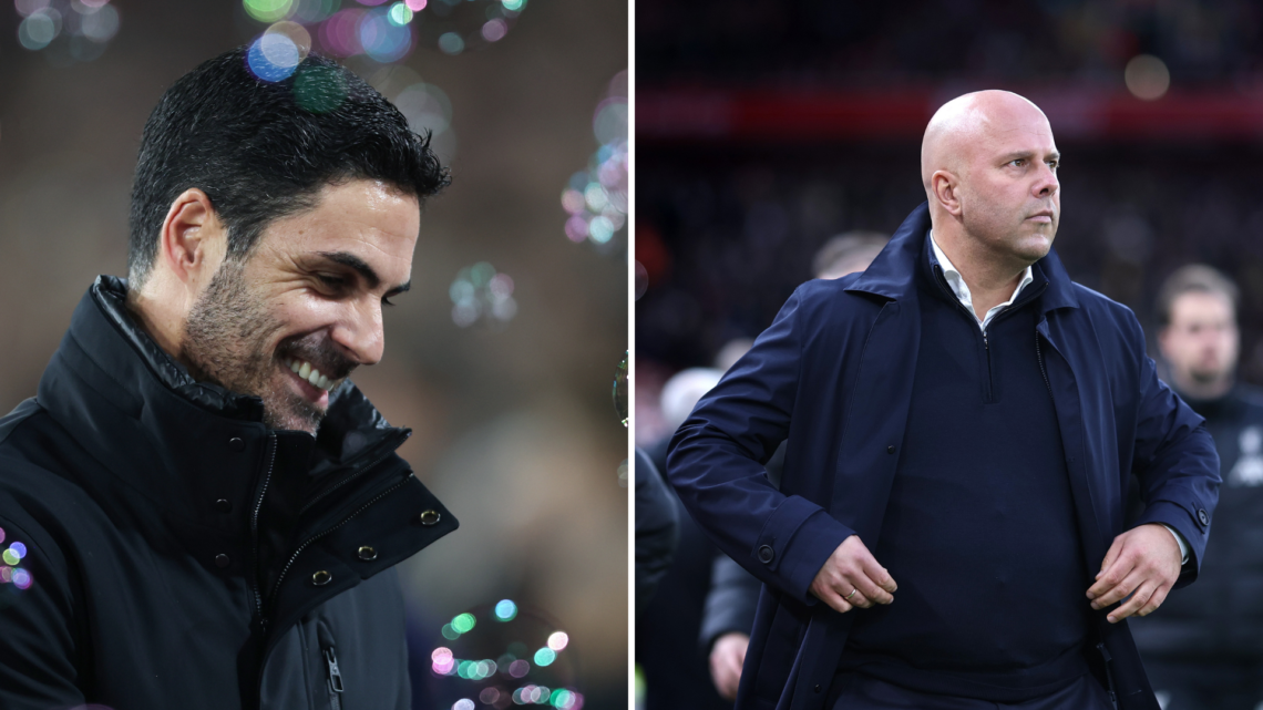 Mikel Arteta laughing alongside a serious-looking Arne Slot