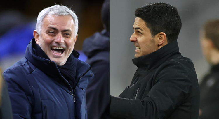 An image featuring Jose Mourinho laughing and Mikel Arteta looking frustrated.