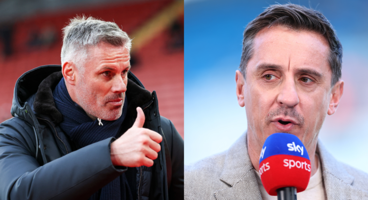 A split image featuring Jamie Carragher and Gary Neville.