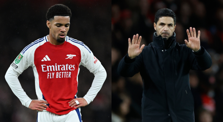 Ethan Nwaneri looks on as Mikel Arteta gestures in Arsenal vs Crystal Palace.