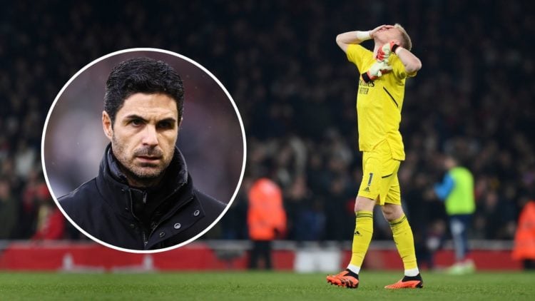 Aaron Ramsdale with his head in his hands with an inset of Mikel Arteta looking angry