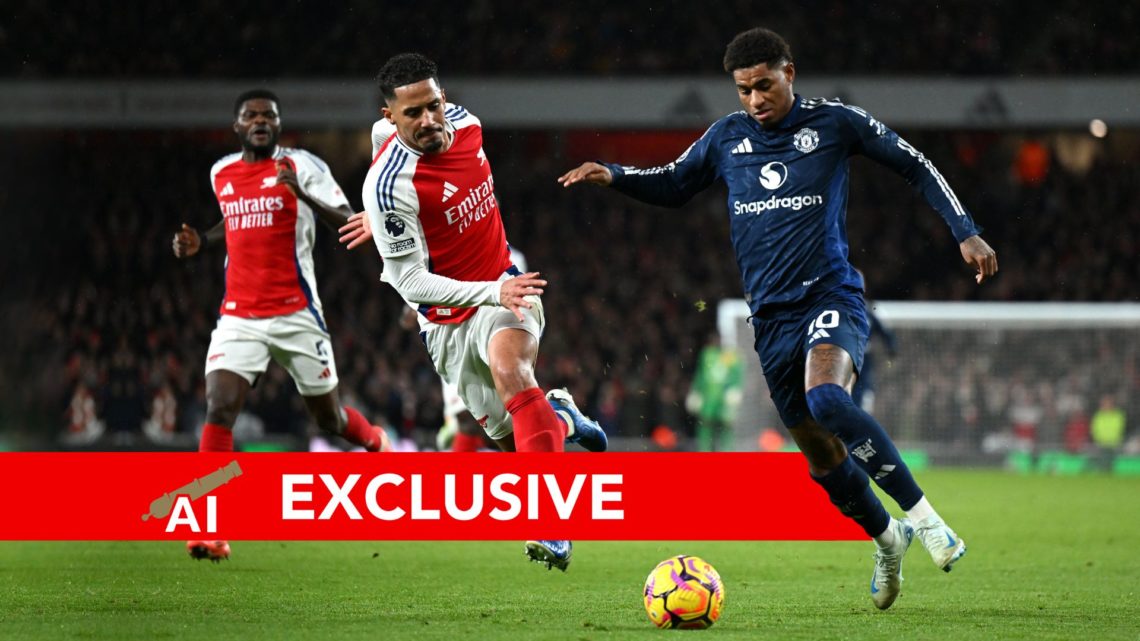 Marcus Rashford of Manchester United is challenged by William Saliba of Arsenal during the Premier League match between Arsenal FC and Manchester U...
