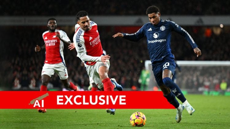 Marcus Rashford of Manchester United is challenged by William Saliba of Arsenal during the Premier League match between Arsenal FC and Manchester U...