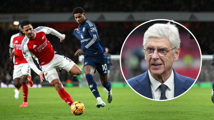 Marcus Rashford of Manchester United is challenged by William Saliba of Arsenal. Inset, Arsene Wenger.