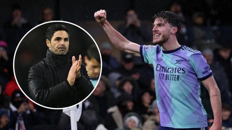 Declan Rice. Inset, Mikel Arteta.