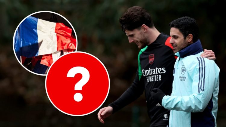 Mikel Arteta, Manager of Arsenal, and Declan Rice make their way out for the UEFA Champions League 2024/25 League Phase MD6 training session. Inset...
