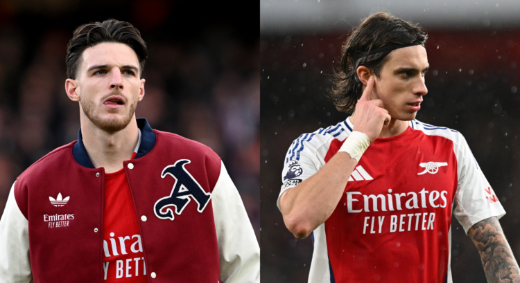 Declan Rice looks on during Arsenal's draw with Everton while Riccardo Calafiori plays for Arsenal.