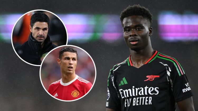 Bukayo Saka. Inset, Mikel Arteta and Cristiano Ronaldo.