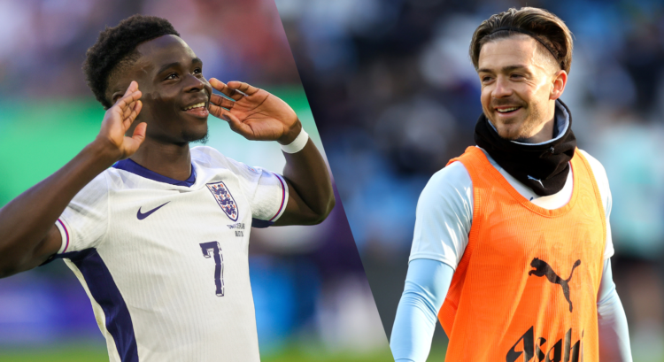 A split image featuring Bukayo Saka celebrating and Jack Grealish looking on.