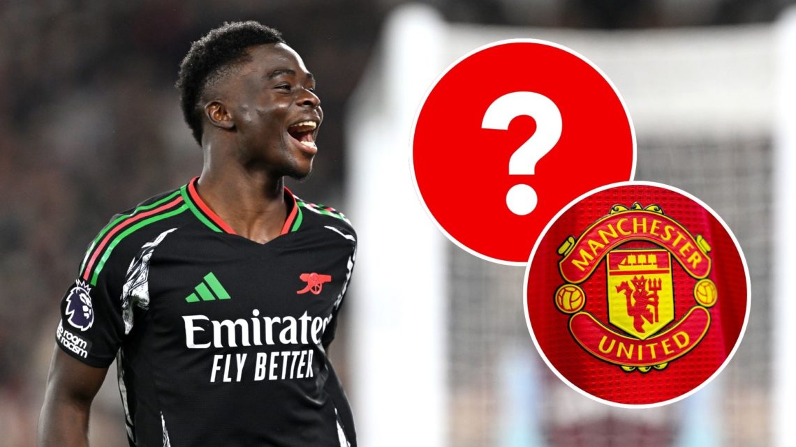Bukayo Saka of Arsenal celebrates scoring his team's fifth goal from a penalty kick. Inset, Manchester United badge and a question mark.
