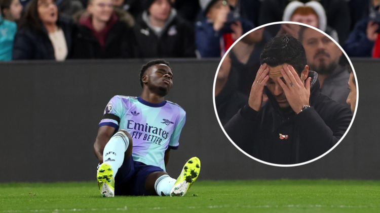 Saka injured with an inset of Arteta with his hands over his face
