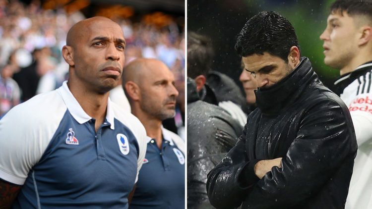 Thierry Henry (left, looking serious) next to Mikel Arteta looking upset