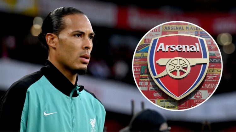 Virgil van Dijk captain of Liverpool walking out onto the pitch before the Premier League match. Inset, Arsenal badge.