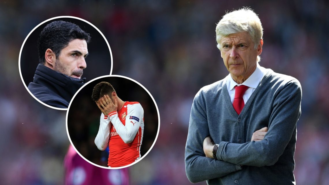 Arsene Wenger. Inset, Mikel Arteta and Oliver Giroud.