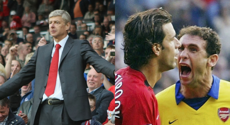 A split image featuring Arsene Wenger at Old Trafford and Arsenal's Martin Keown shouting at Manchester United's Ruud van Nistelrooy.