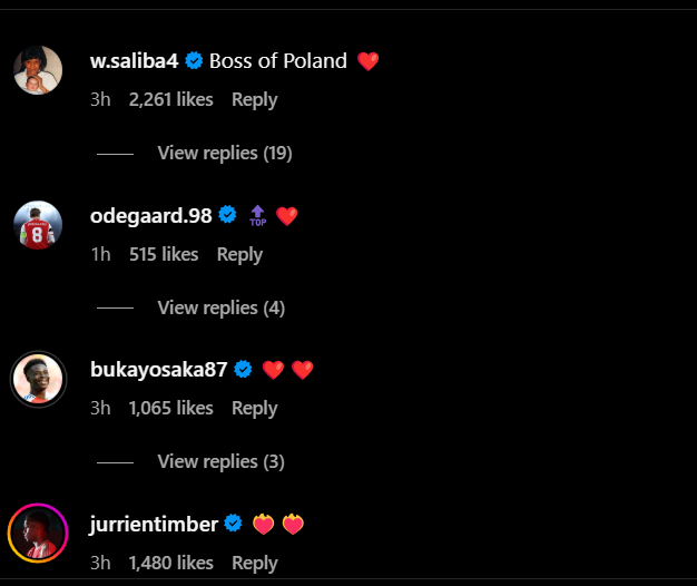 William Saliba and other Arsenal players reply to Jakub Kiwior's Instagram post