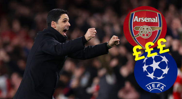 An image featuring Mikel Arteta, the Arsenal badge and Champions League logo.