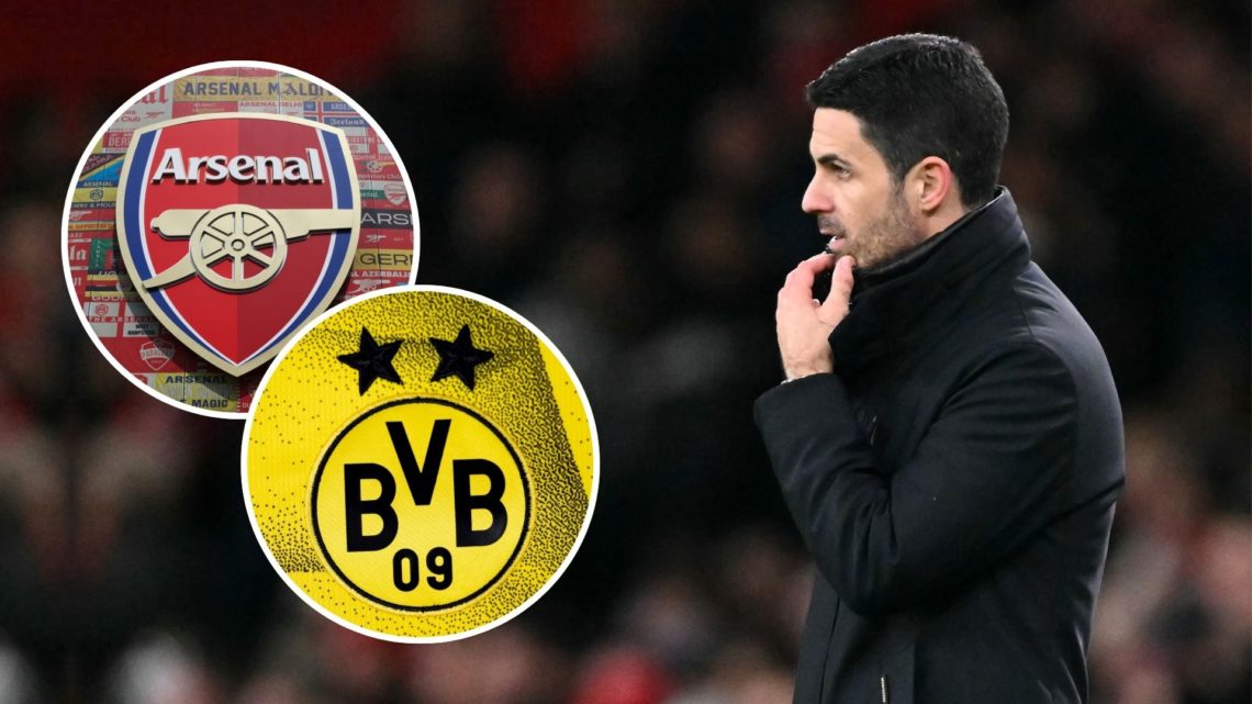 Pensive Mikel Arteta. Inset, Arsenal and Borussia Dortmund badges.