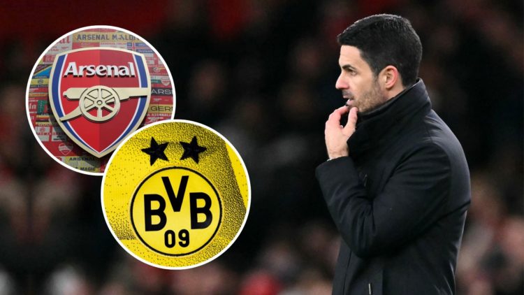 Pensive Mikel Arteta. Inset, Arsenal and Borussia Dortmund badges.
