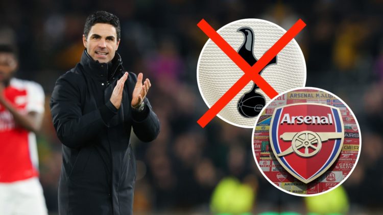 Mikel Arteta. Inset, Tottenham and Arsenal badges.