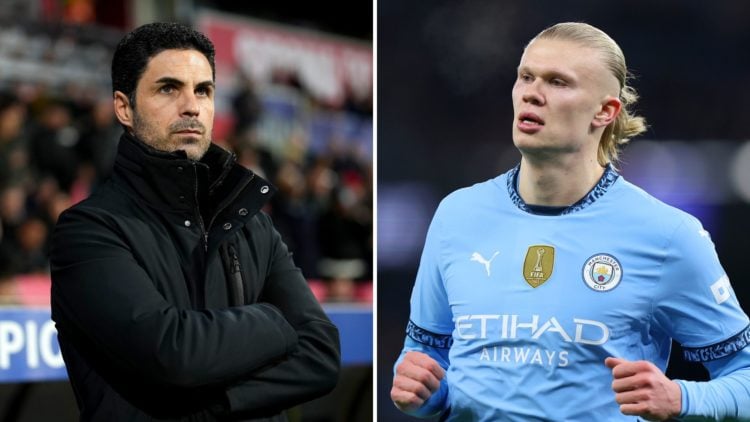 Split image of Mikel Arteta and Erling Haaland, both looking unhappy.