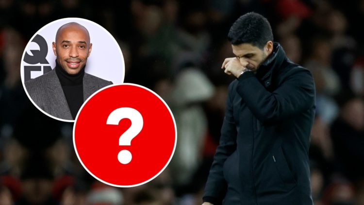 Mikel Arteta. Inset, Thierry Henry and a question mark.