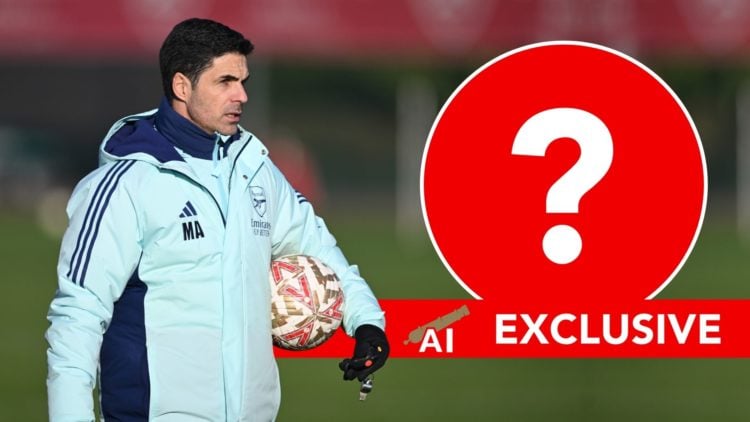 Arsenal manager Mikel Artet during a training session at Sobha Realty Training Centre on January 11, 2025 in London Colney, England. Inset, questio...