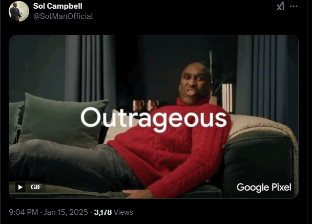 Sol Campbell tweets in reaction to Arsenal's goal vs Tottenham.